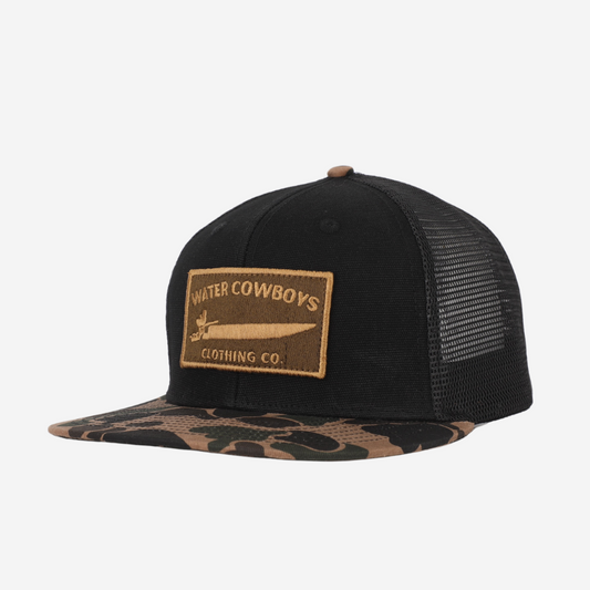 Waxed Frontier Trucker - Black and Camo Duck Boat Patch