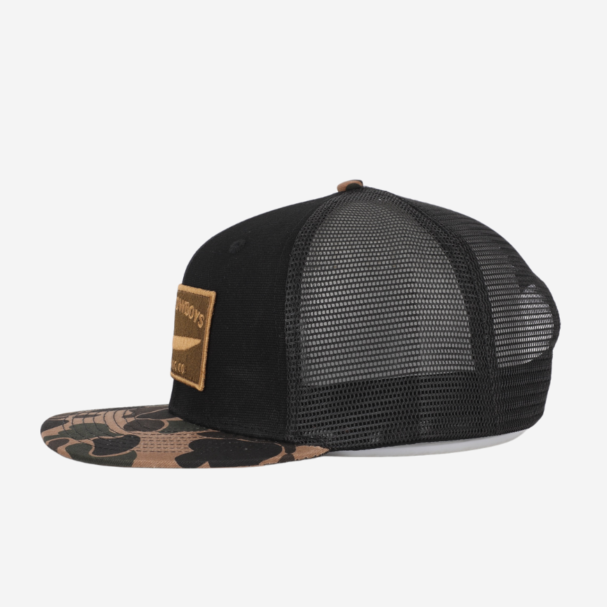 Waxed Frontier Trucker - Black and Camo Duck Boat Patch