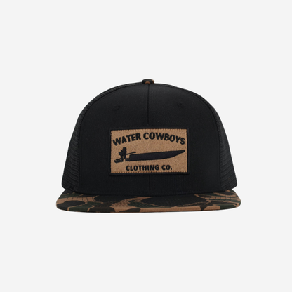 Waxed Frontier Trucker - Black and Camo Duck Boat Patch