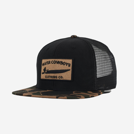 Waxed Frontier Trucker - Black and Camo Duck Boat Patch